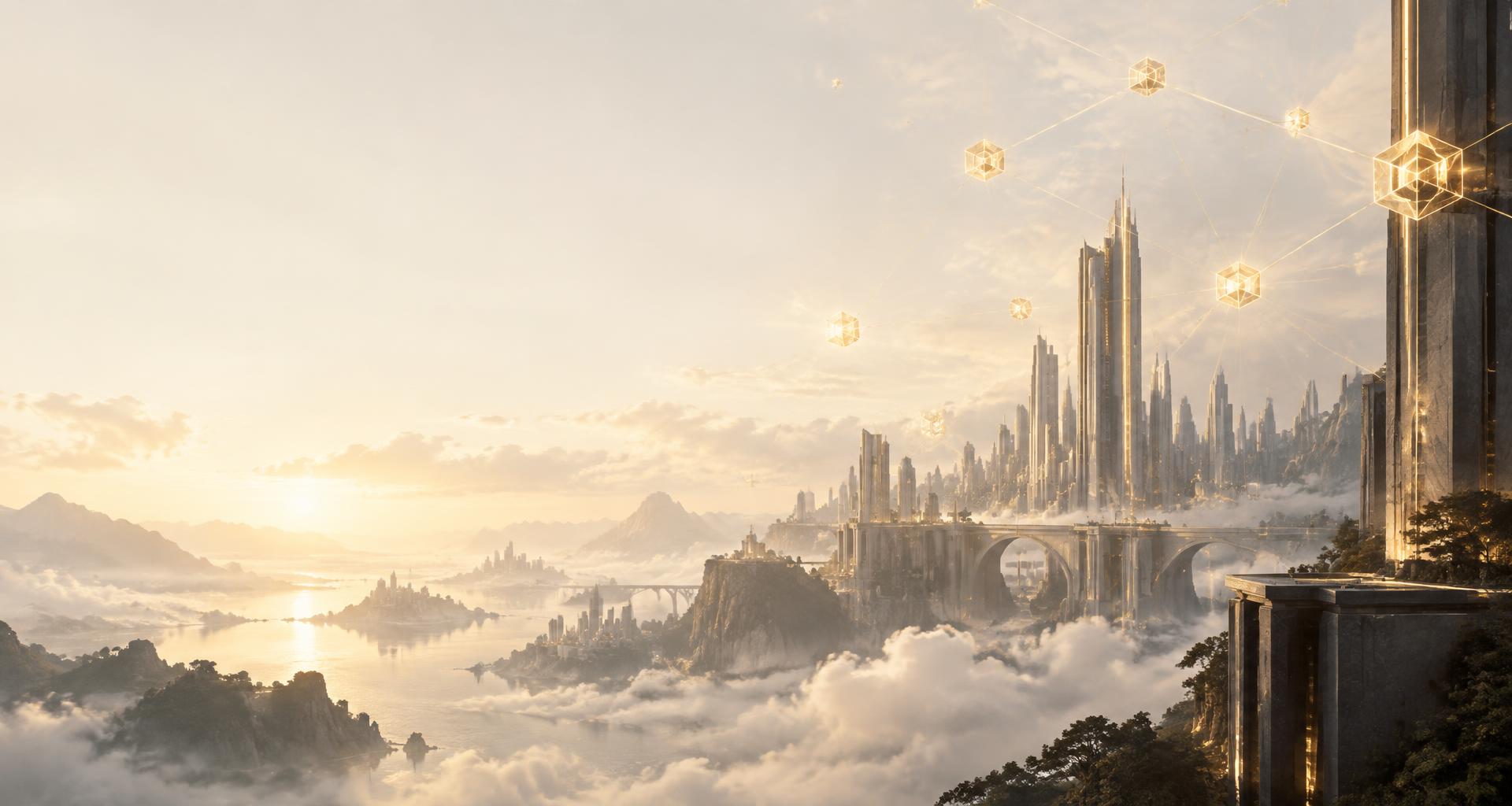 Golden network above a misty city